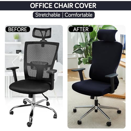 Image of HOKIPO 'SereneSolids' 140 GSM Office Chair Cover with Headrest (High-Back) - 140 GSM Stretch Fabric - Washable, Anti-Slip Fit for Ergonomic Mesh Office Chairs, Navy Blue (AR-5369-NBLU)