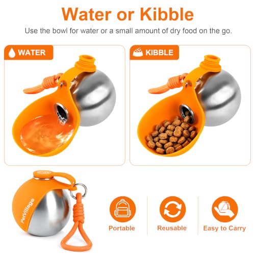 Image of 2-in-1 Dog Water Bottle with Foldable Bowl, Portable Leak-Proof Pet Travel Water Dispenser, Stainless Steel Dog Hydration Bottle for Walking, Hiking, Small Dogs & Puppies, Orange 10oz
