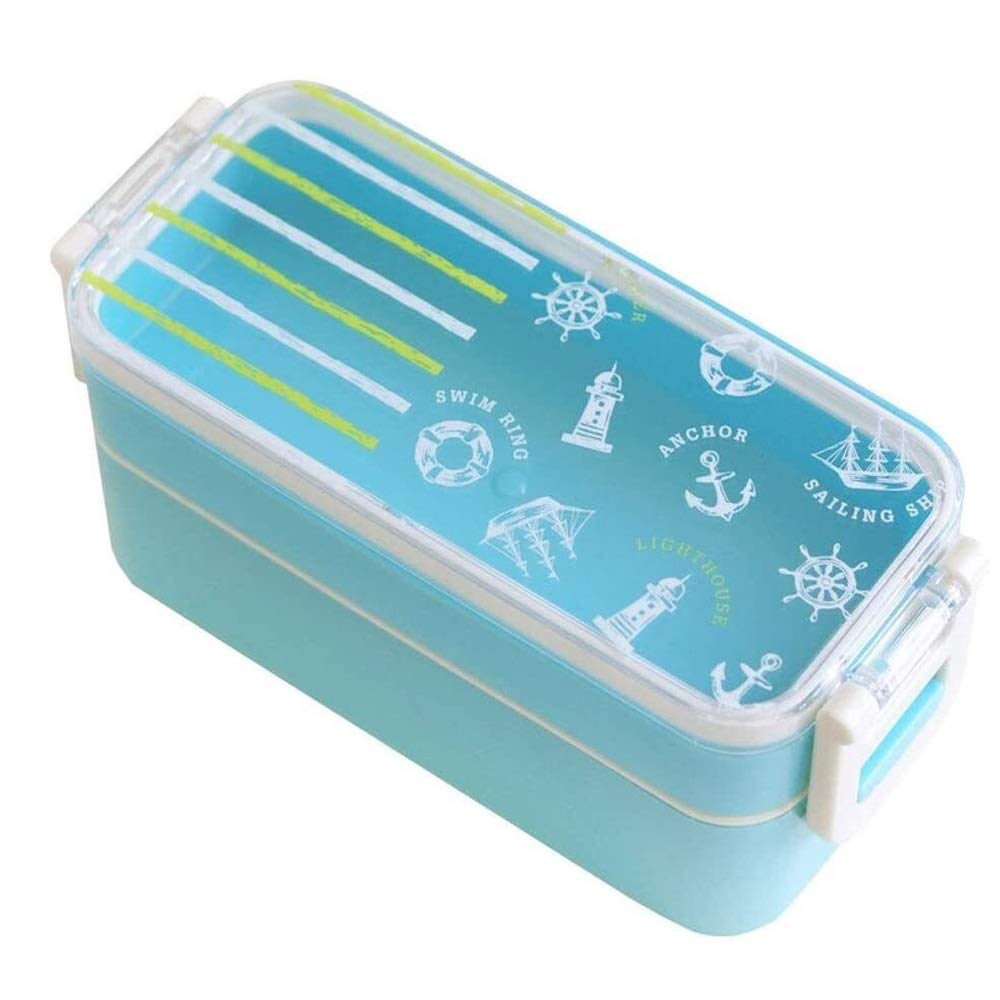 JINGYAN Boîte à bento Boîte à lunch Bento Box 2 Niveaux, de style marine boîte à lunch japonaise à double couche avec bac à glaçons frais de maintien - Micro-ondes et lave-vaisselle - Bleu Pastel