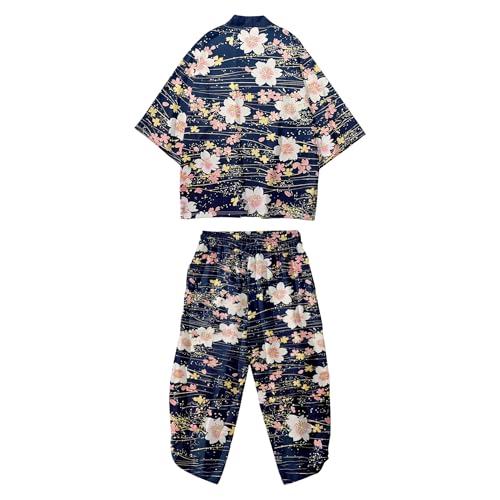 Image of DOSLAVIDA Men's Japanese Kimono Jacket Set Stylish Open Front Coat With Shorts Chinese Style Printed Cardigan Suit