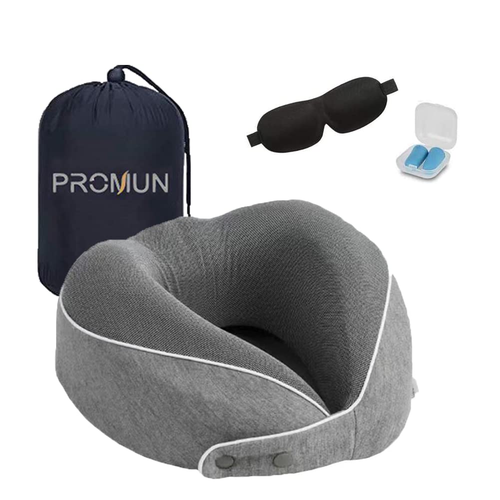 PROMUN Travel Pillow 100% Pure Memory Foam Travel Neck Pillow, U Shape Pillow with Small Bag, 360-Degree Protection for Airplanes, Cars, Buses, Trains, Office Napping, Camping (Splice Gray)