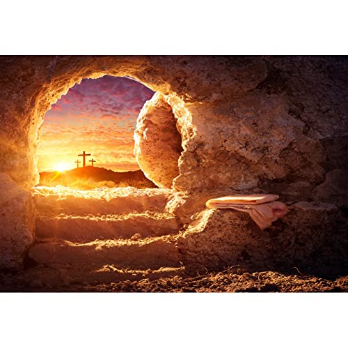 Laeacco Rustic Stone Cave Empty Easter Tomb Backdrop 10x8ft Crucifix Crosses Backdrop Sunset Scenery Holy Light Easter Photography Backdrop Religious Faith Pray Church Events Photo Studio Background
