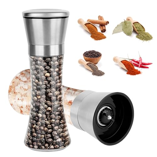 2 pcs Molinillo Pimienta, RISVOWO 180ml Molino de Especias Vidrio, Ajustable Molinillo de Sal y Pimienta Con molino de cerámica