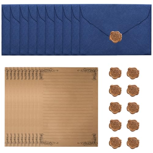 Aweisile Juegos de Papel de Papelería Vintage, 10 Sobres Bonitos, 10 Papel Cartas y 10 sello de cera, Sobres de Cartas Antiguas Sobres de Cartas Vintage para Invitaciones Bodas Tarjetas