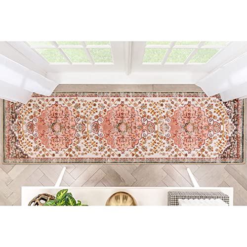 Lanffia Persian Floral Traditional Rug 2X6 Vintage Distressed Runner Rug Washable Non-Slip Backing Hallway Floor Runner For Indoor Front Entrance Kitchen Bathroom Living Room, Ivory / Rust #TOP1