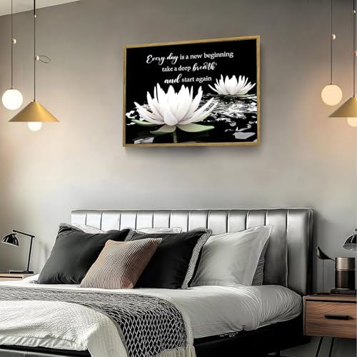 SCECALA 黒と白 フローラル 額入り ウォールアート 感動的な引用と睡蓮のウォールアート リビングルーム 禅 スパ キャンバス 壁装飾 寝室 バスルーム ホーム オフィス すぐに掛けられる 長さ12 x 幅17インチ [5]