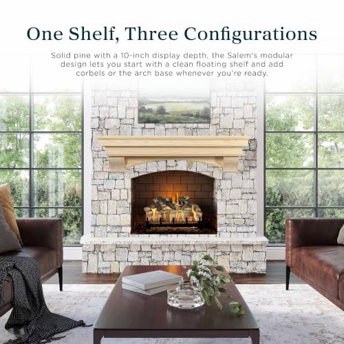 Image of MANTELSDIRECT Mantels Direct Salem Wood Mantel Shelf with Arched Corbels - Unfinished 48 Inch | Wooden Rustic Wall Mounted Shelf from Pine Wood - Perfect for Fireplaces, TVs & Decor