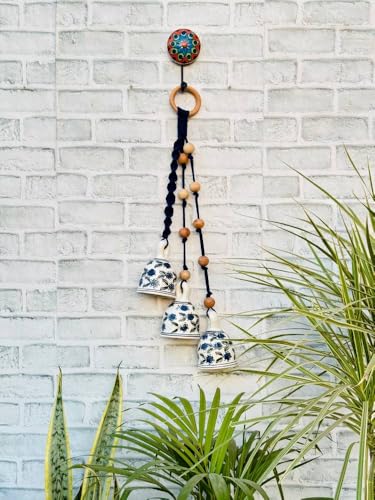 Image of Crafty Co. Handmade Ceramic Macrame Hanging Bells for Home Decoration | Bunch of 3 Big Ceramic Bells with Wooden Beads | Wall Hanging Bells for Entrance, Patio, Balcony & Festive Decor (Blue)