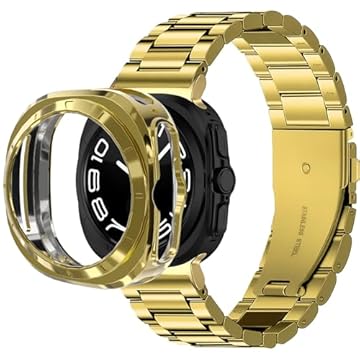 VINIUSIKI Pulseira masculina de aço inoxidável LTE Ultra de 47 mm com proteção de TPU, pulseira de metal de 22 mm para Samsung Galaxy Watch 7 Ultra, dourada