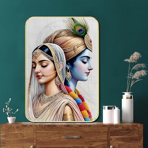 Image of SAF Radha Krishna Divine Couple Wall Art | Elegant White Spiritual Painting on MDF Board | Hindu God & Goddess Love Theme Wall Hanging for Home Temple Pooja Room Decor (13 x 19 inch) MG01-1034