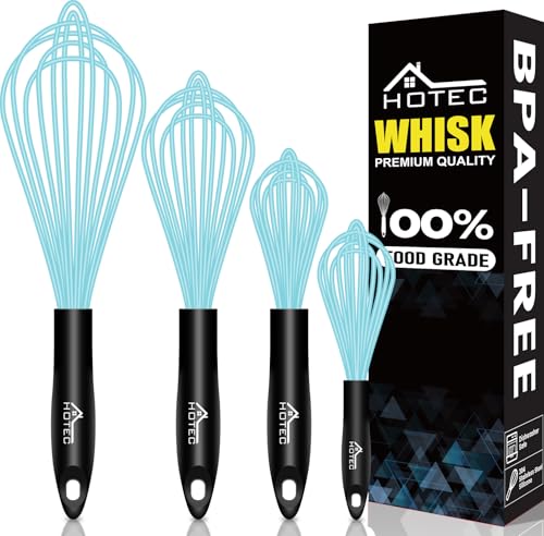 Image of HOTEC 4 Pieces Silicone Whisks Set, Wire Balloon Whisks for cooking Egg Beater, Non-slip Handle Whisk for Non-stick Cookware Perfect for Cooking, Stirring, Beating and Blending,Blue