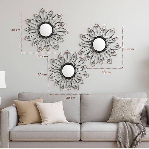 Image of Metal Sunflower Mirror Wall Decor Decorative Mirror Wall Mounted | Mirror Wall Decor for Living Room | Beautiful Metal Modern Designer Hanging Mirror Sculpture Set of 3 (Black & Copper)