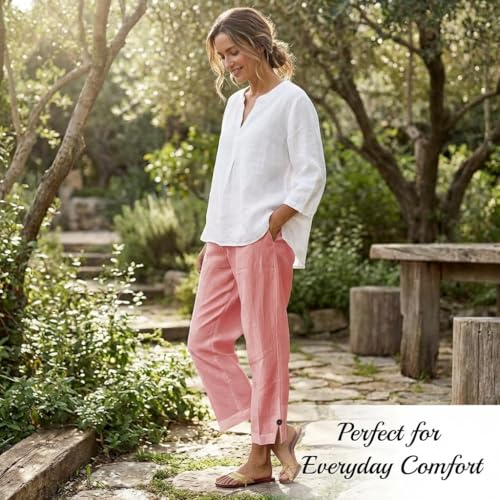 Image of Linen Pants Women 2026 Summer Beach Vacation Trousers Elastic Waist Linen Capris Pants Boho Casual Travel Pant