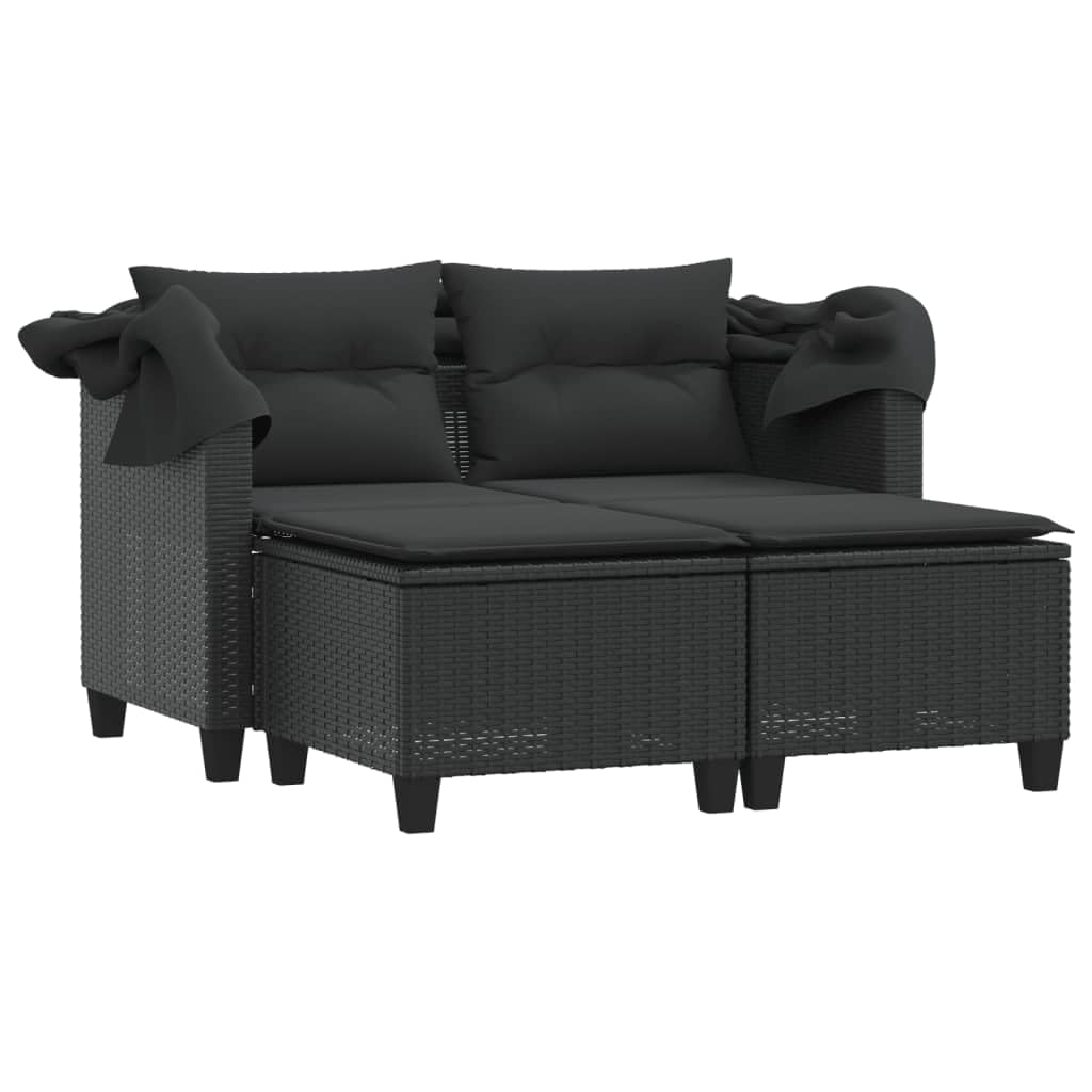 Willood Gartensofa 2-Sitzer mit Dach und Hockern Schwarz Poly Rattan Das Material ist langlebig, robust, pflegeleicht, leicht und einfach zu reinigen,Abnehmbar und waschbar