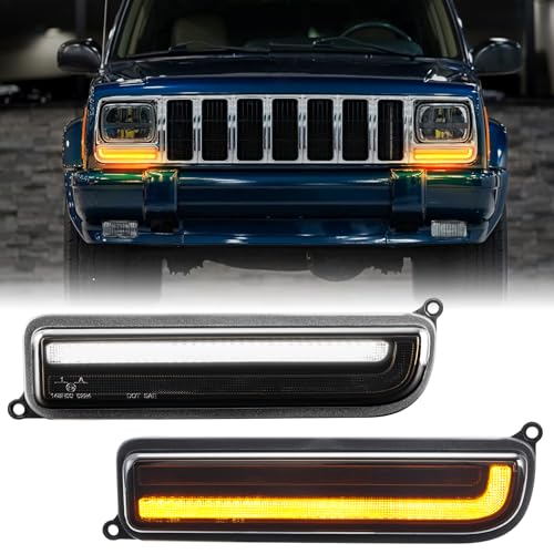HTZCMOTO LED Front Corner Marker Lights Compatible with Cherokee XJ 1997-2001, Amber Dynamic Sequential Turn Signal Light, White Parking Light, Smoked Len by HTZCMOTO - Used condition - US$51.82