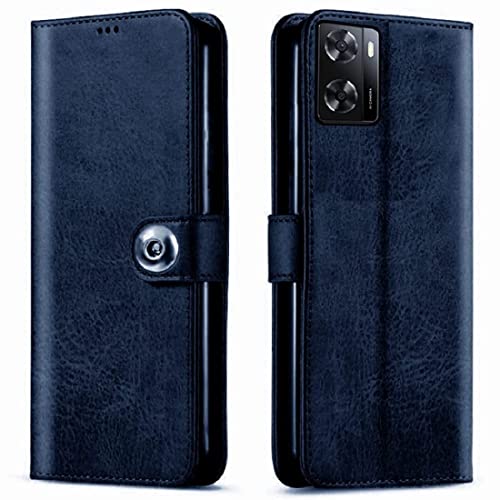 Image of KashiVerse Genuine Vegan Leather Finish Flip Cover for Oppo CPH2387 / Oppo A57 | Inside Back TPU & Inbuilt Stand | Wallet Stylish Button Magnetic Closure for Oppo A57 2022 - Navy Blue