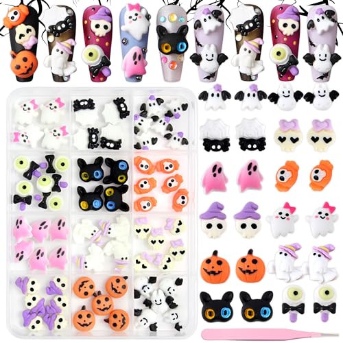 72Pcs/Box Halloween Nail Charms Cute Resin Ghost Pumpkin Nail Rhinestones Bow Skull Cats Bat Nail Art Charm Spider Spider Web Nail Jewelry Pink Ghost Nail Supplies for Women Nail Gems Nail Accessories