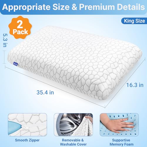 Image of Memory Foam Pillows, Bed Pillow, Bed Pillow for Side, Back and Stomach Sleepers, Neck Pillow for Sleeping with Removable and Machine Washable Cover, King Size (2 Pack)