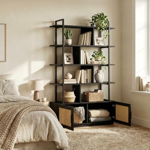 GAOMON 5 Tier Rattan Bookshelf with Storage Cabinet & Door, 71.1 Inch Industrial Bookcase, MDF & Metal Frame with Open Display Shelves, Decorative Sto