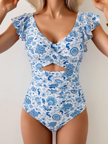 Image of B2prity One Piece Swimsuits for Women Ruffle Sleeve V Neck Bathing Suit Tummy Control Cutout Monokini Slimming Swimwear