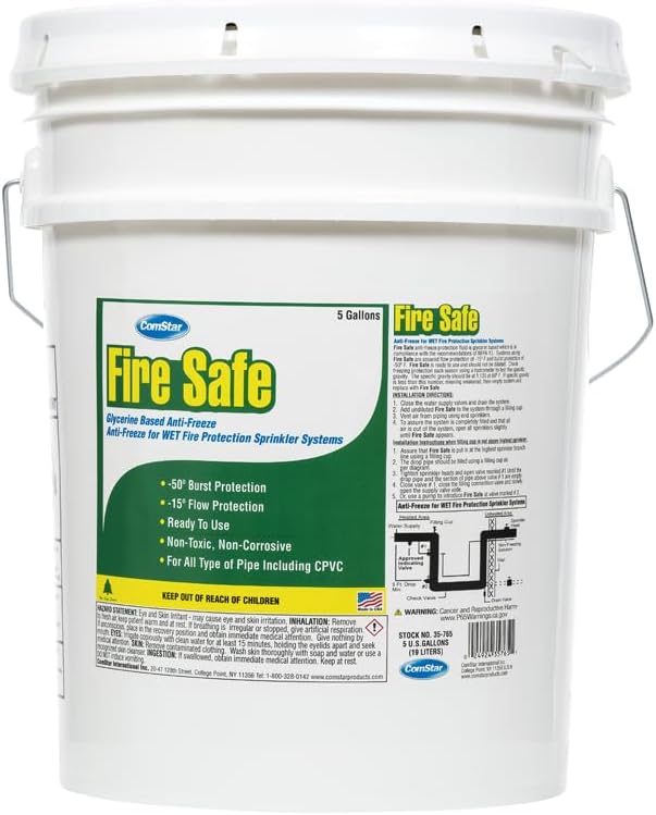 ComStar Fire Safe, 5 Gallon, Glycerin-Based Anti-Freeze for Wet Fire Protection Sprinkler Systems, Ready to Use, -15°F Flow Protection, -50°F Burst Protection, Non-Toxic & Non-Corrosive (35-765)