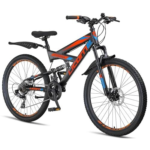 Licorne Bike Strong D Premium Mountainbike in 26 Zoll - Fahrrad für Jungen, Mädchen, Damen und Herren - Scheibenbremse vorne und hinten-Shimano 21 Gang-Schaltung-Vollfederung-Schwarz/Blau/Orange