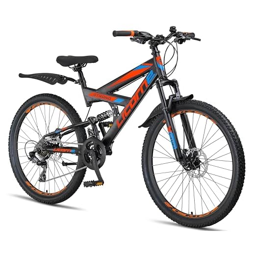Licorne Bike Strong D Premium Mountainbike in 26 Zoll - Fahrrad für Jungen, Mädchen, Damen und Herren - Scheibenbremse vorne und hinten-Shimano 21 Gang-Schaltung-Vollfederung-Schwarz/Blau/Orange