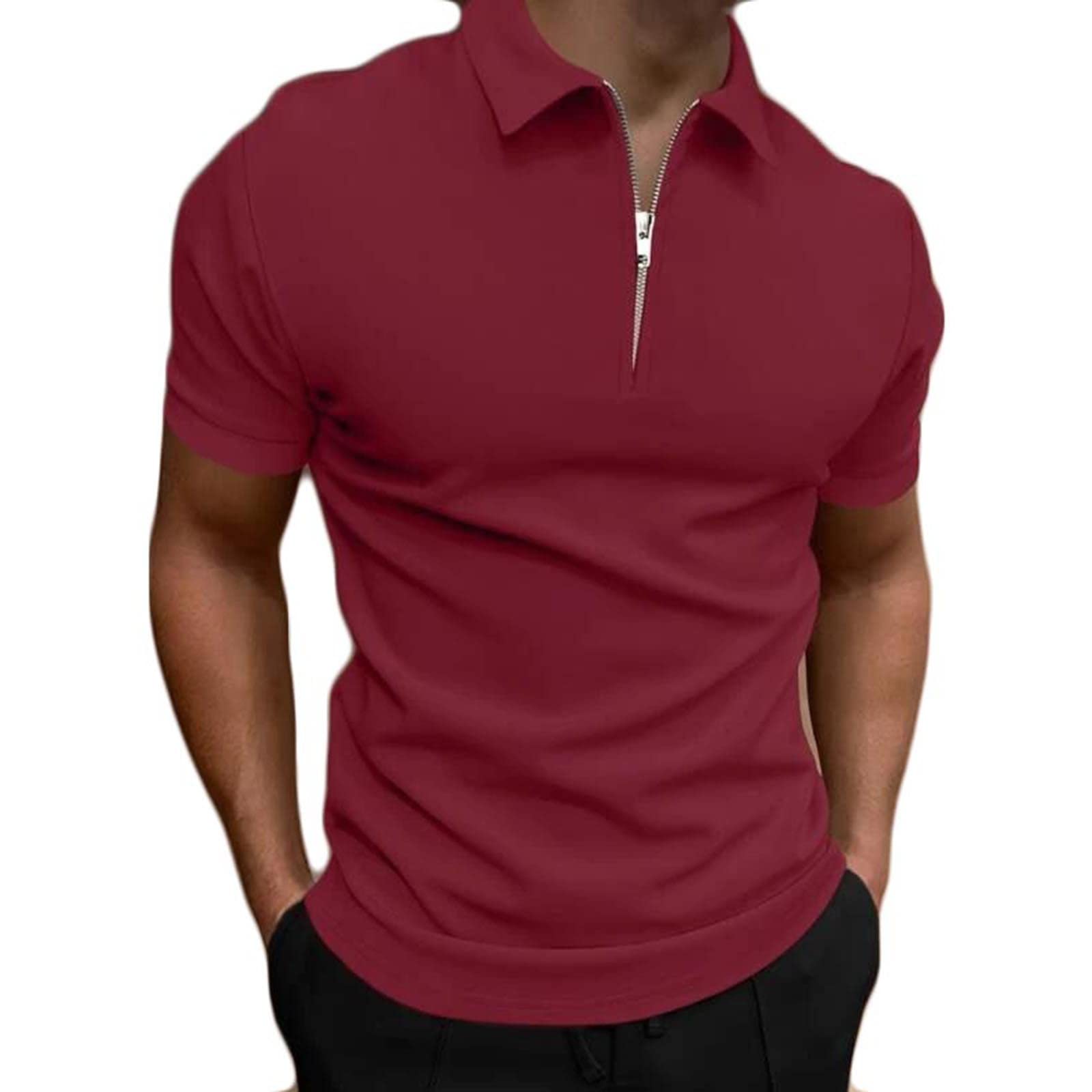 Men's Casual Solid Polo Shirts Zipper Lapel Short Sleeve Tops Classic Golf Tees Basic Golf Shirt Cotton Top