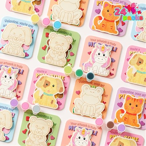 JOYIN 24 Pcs Valentines Day 2.95' Painting Animal Wooden Fridge Magnet Cards, Coloring Magnets with Paints Brushes and Cards, Kids DIY Painting Craft for Classroom Prize Gifts Exchange Party Games