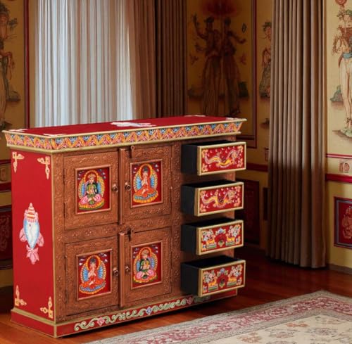 Image of APRODZ Hand-Painted Solid Wood Sideboard Cabinet with Multi Drawers | Wooden Storage Cabinet for Bedroom Living Room & Kitchen | Crockery Cabinet, Kitchen Storage | Multicolor, 45x16x36 Inches