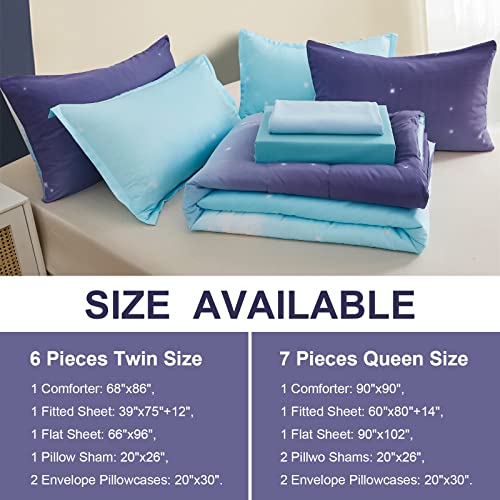 Image of Dinjoy Girls Comforter Set Queen Size 7 Pieces Bed in A Bag Ombre Blue Purple Rainbow Bedding Set Collections for Teen Women (1 Comforter, 1 Flat Sheet, 1 Fitted Sheet, 2 Pillow Shams, 2 Pillowcases)
