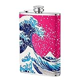 Japanese Wave Anime Hip Flask Stainless Steel for Women,Cute 8 Oz Leak Proof Drinking Whiskey Flask Camping Outdoor Party Bar,Personalized Birthday Gifts