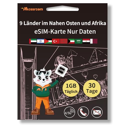 eSIM-Karte für 9 Länder im Nahen Osten und Afrika – Prepaid-Datentarife | 1 GB Daten täglich, 30 Tage | Keine physische SIM-Karte erforderlich | Sofortige Aktivierung