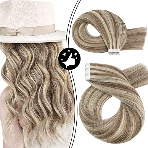 Moresoo Remy Tape in Hair Extensions 16 Inch Blonde Highlight Tape in Hair Extensions Color Light Brown #9A Highlighted with #60 Platinum Blonde 20 Pieces 50 Gram Glam Seamless Hair Extensions Soft