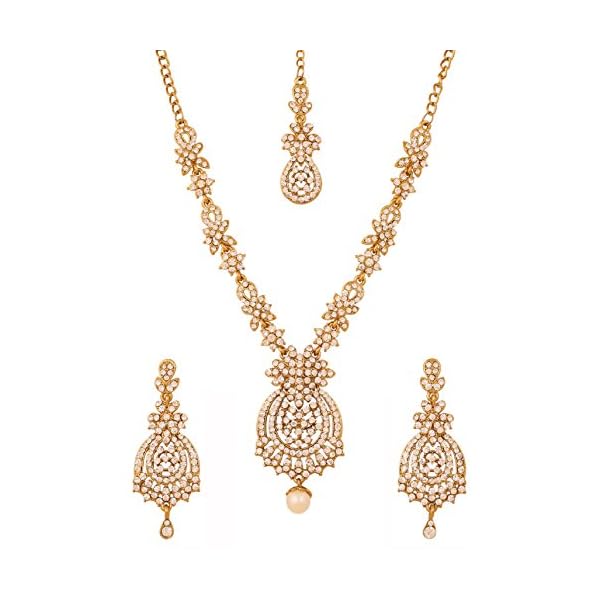 Touchstone Indian Bollywood Gorgeous Intricate Workmanship Sparkling Rhinestone Crystal Wedding Designer Jewelry Necklace Set in Gold or Silver Tone for Women.
