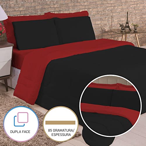 Kit Edredom Casal Jogo de Cama Leve Para Verão (6 Peças, Preto e Vermelho)