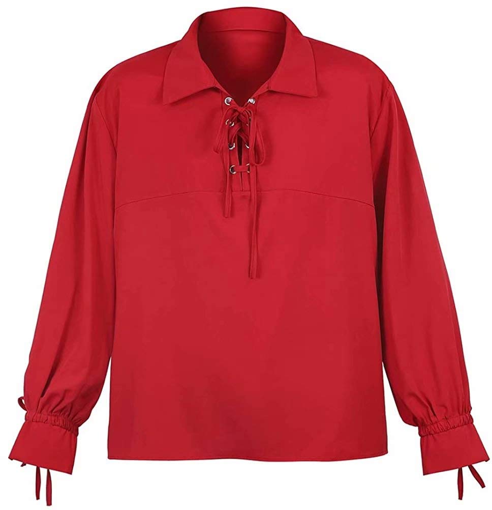 Josamogre Pirate Shirt Men Renaissance Festival Costume Steampunk Shirt Blouse Tops Medieval Viking Cosplay Halloween Wine red 2XL