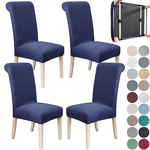 Paquete de 4 fundas elásticas para sillas de comedor con cinturón de seguridad, lavables, fundas de asiento extraíbles para cocina y comedor, color azul marino, S3