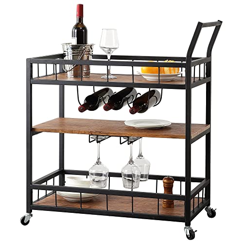 Elehinser Bar Carts 3-Tier Mobile Kitchen Serving Carts For The Home, Industrial Vintage Style Storage Handle Trolley With Wheel, Wood Metal Rolling Wine Rack Cart With Glass Holder, Mini Bar Cabinet #TOP27