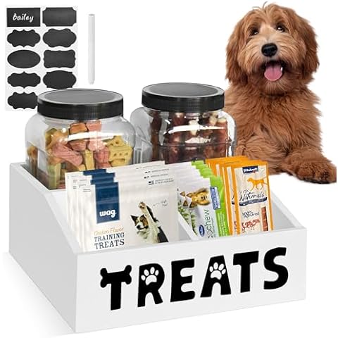Dog Treat Container, Dog Food Storage Container with 2 Plastic Dog Treat Jars, Farmhouse Cat Food Container Cookie Jar, Pet Food Storage Containers for for Dog and Cat, Wood Cat Treat Container(White) Cover