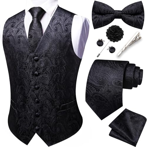 YOHOWA Black Vest for Men Silk Tie Bowtie Set Paisley Waistcoat 8PCS