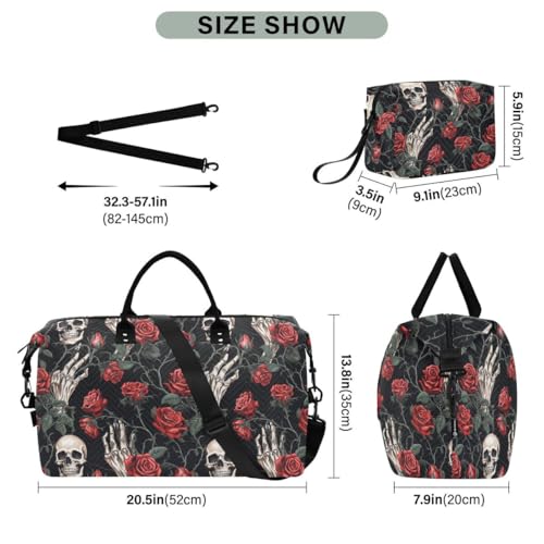 Sugar Skull Hand Rose Flower Black Travel Duffle Bag Gym Bag Weekender Bags with Toiletry Bag Travel Trip Tote Bag3