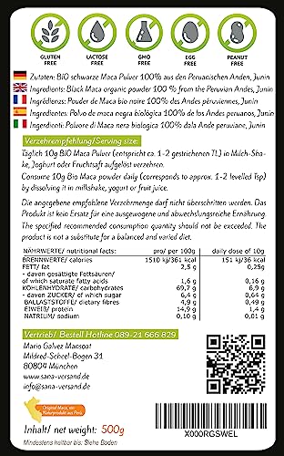 Foto von Maca Pulver Black 500g BIO Original aus Peru Junin, reines Schwarzes-Maca-Pulver, rein pflanzlich ohne Zusatzstoffe, Vegan Gluten und Laktose frei.