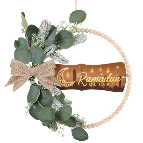 Image of HPNIUB Ramadan Door Sign, Eid Mubarak Decoration for Muslim Home Room, Islam Mubarak Wooden Hanging Sign Wreath, Ramadan Hollow Wall Art for Ramadan Mubarak Party Supplies