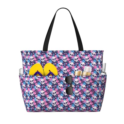 Large Beach Bags Water-resistant Sandproof - Skull flower blue pink Cute Beach Tote Bags for Women with Zipper