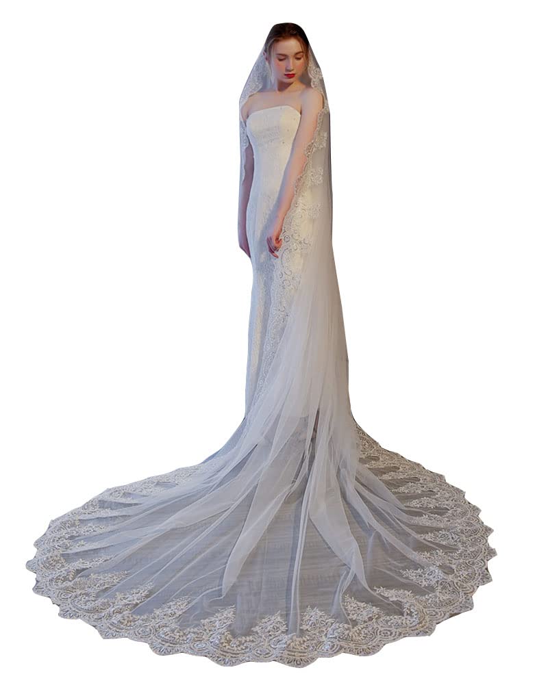 DAIHAN Cattedrale di Lunghezza del Pavimento della Coda Nuziale Velo Di Tulle Delicato Paillettes Scintillanti Applicazioni con Bordi in Pizzo Con Accessori Da Sposa Pettine Per Capelli