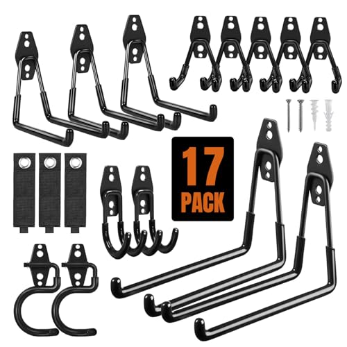 SecureElastic Garage Hooks 17 Pack Assorted Wall Mount Tool Hangers with Anti-Slip Rubber Coating Easy Installation with Screws & Anchors for Garage Shed Workshop Organization & Storage