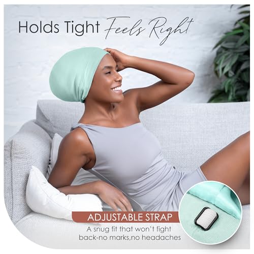 CAPLORD Silk Satin Bonnet for Sleeping, Women & Men, Adjustable Satin Sleep Cap, Silk Bonnet, Hair Wrap Protection, Night Cap for Curly & All Hair Types, Breathable Bamboo Viscose Outer - Black & Mint