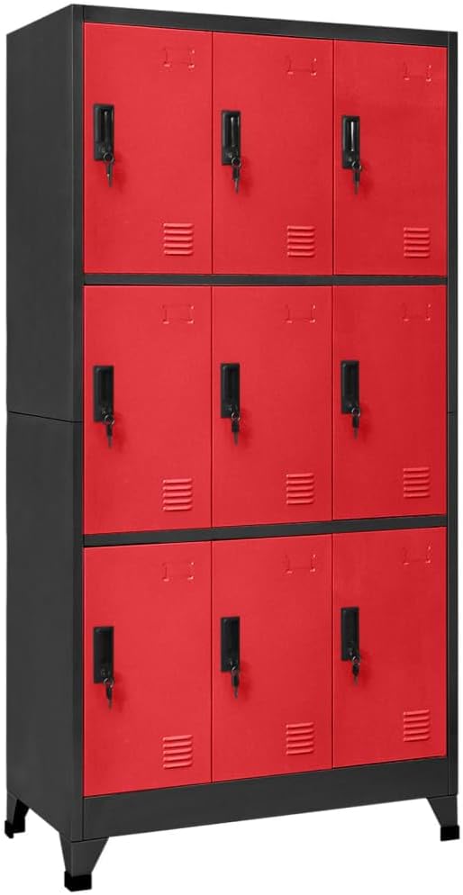 Industrial Cabinet Lockers, 9 Locker Cabinet Anthracite Red Steel Large Storage Unit with Lockable Doors for Secure Organization