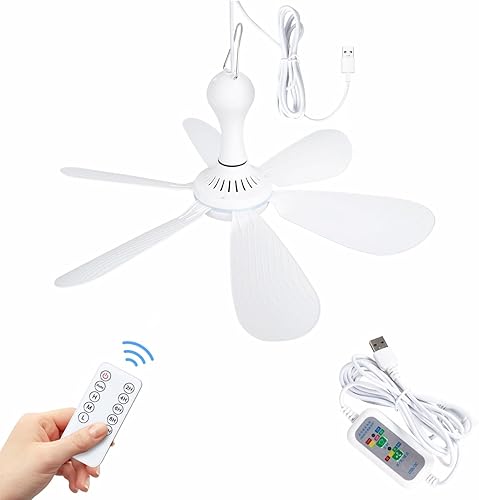 Ventilador de techo pequeño alimentado por USB, 6 aspas, silencioso DC 5 V, ventiladores colgantes USB para interiores y exteriores, RV, cama,